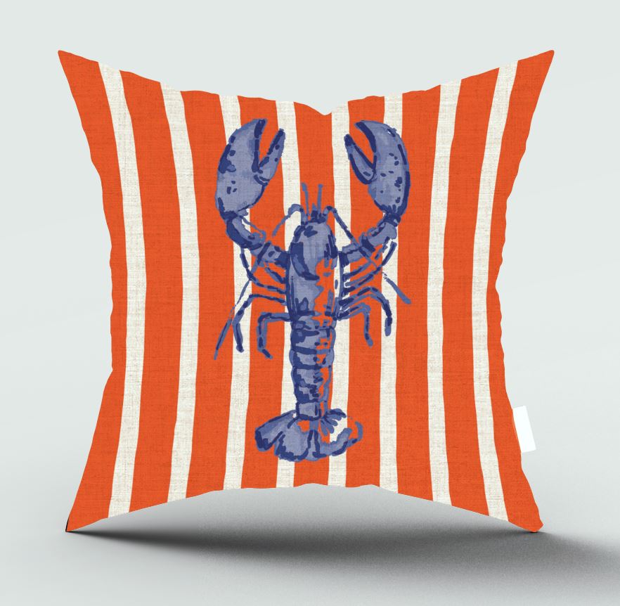 A square throw pillow with orange and off-white vertical stripes, featuring a blue lobster graphic in the center, shown on a light gray background.