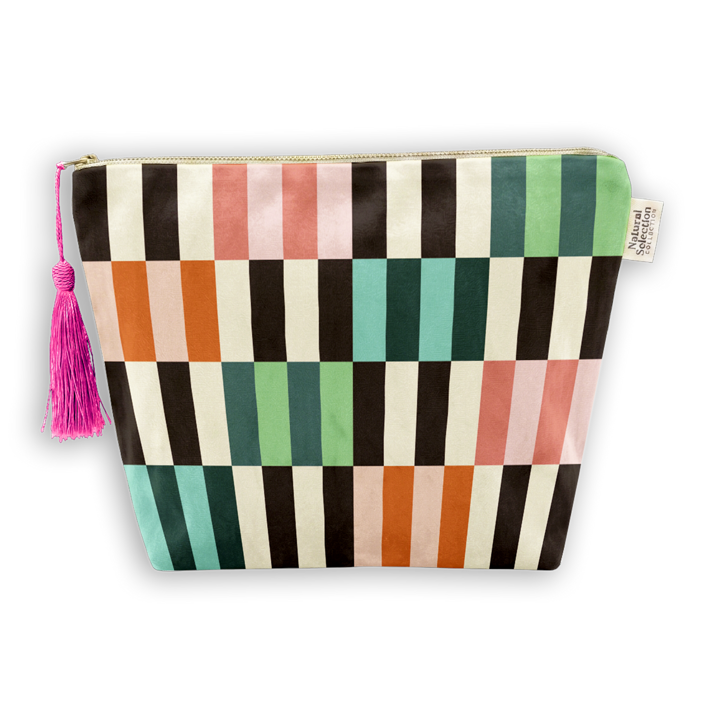 A rectangular zippered pouch with a colorful geometric stripe pattern in pink, orange, teal, green, black, and cream, featuring a bright pink tassel on the left side.
