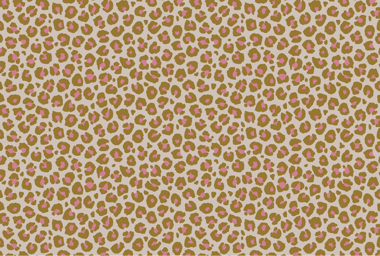 A repeating leopard print pattern with warm tan and brown spots outlined in black on a light beige background, accented with dusty pink centers.