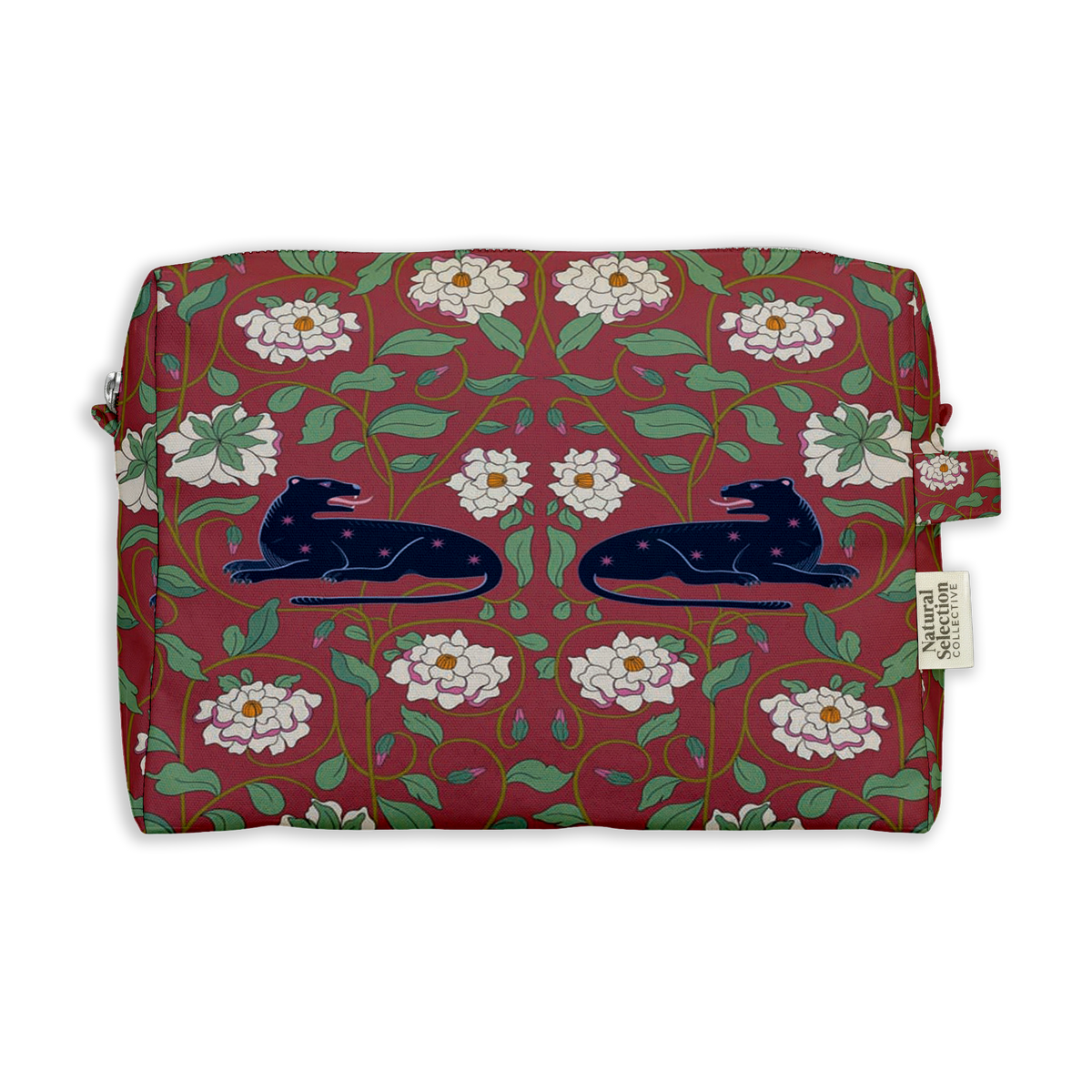 Chateau Leos Toiletry Bag featuring two black leopards among white flowers and green leaves on burgundy