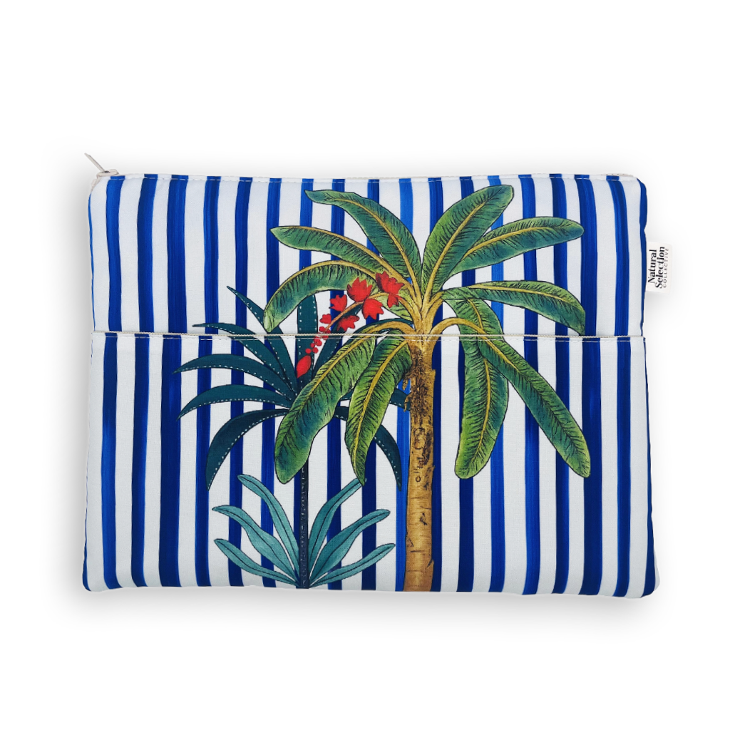 A rectangular zippered pouch featuring a blue and white vertical stripe pattern with a tropical palm tree illustration in the center, set against a plain white background.