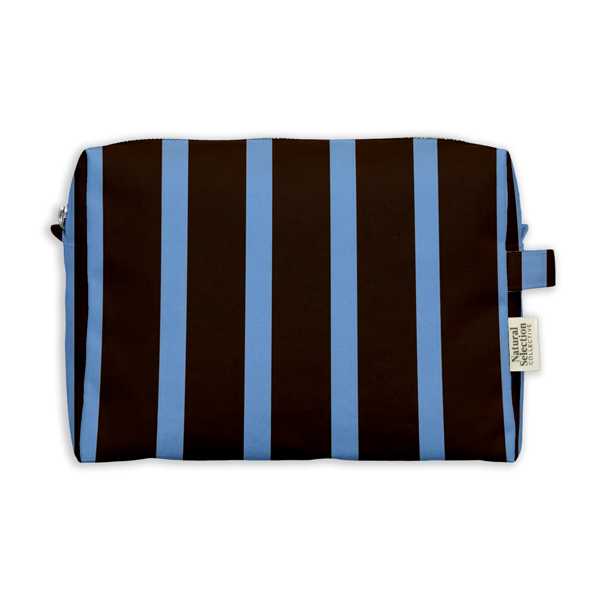 Cornwall Stripe Toiletry Bag featuring dark brown and sky blue stripes