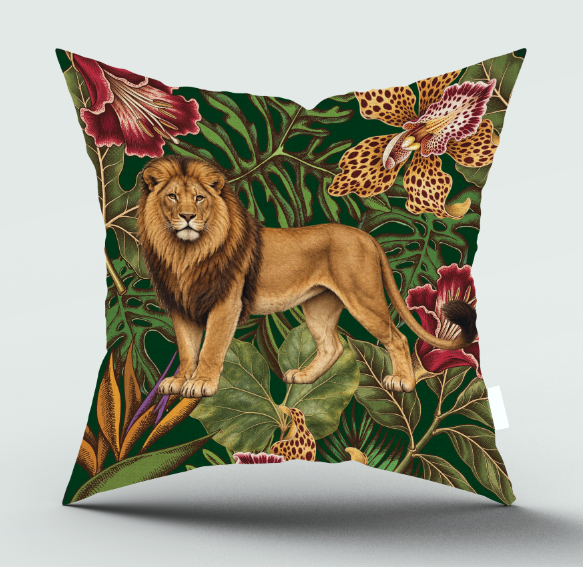A square decorative throw pillow featuring a detailed jungle and safari print with a golden lion, green foliage, and red flowers, shown against a light gray background.