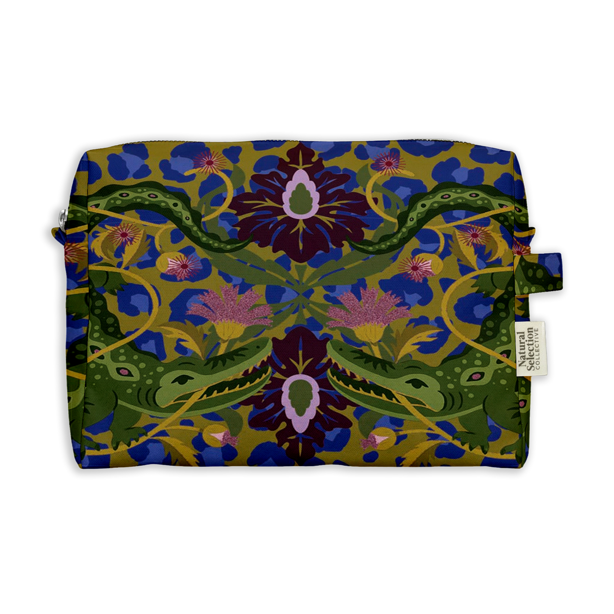 Green Park Crocodile Toiletry Bag featuring crocodiles, purple blooms and blue leopard spots on mustard