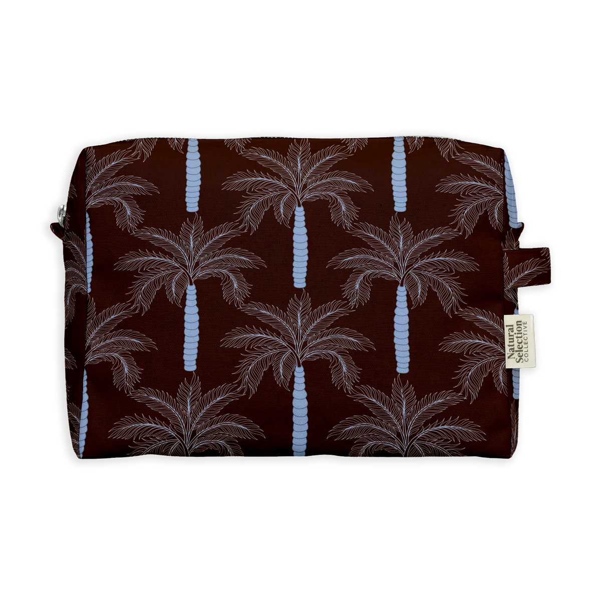 Heliopolis Palm Toiletry Bag featuring pink palm trees with pale blue trunks on chocolate brown