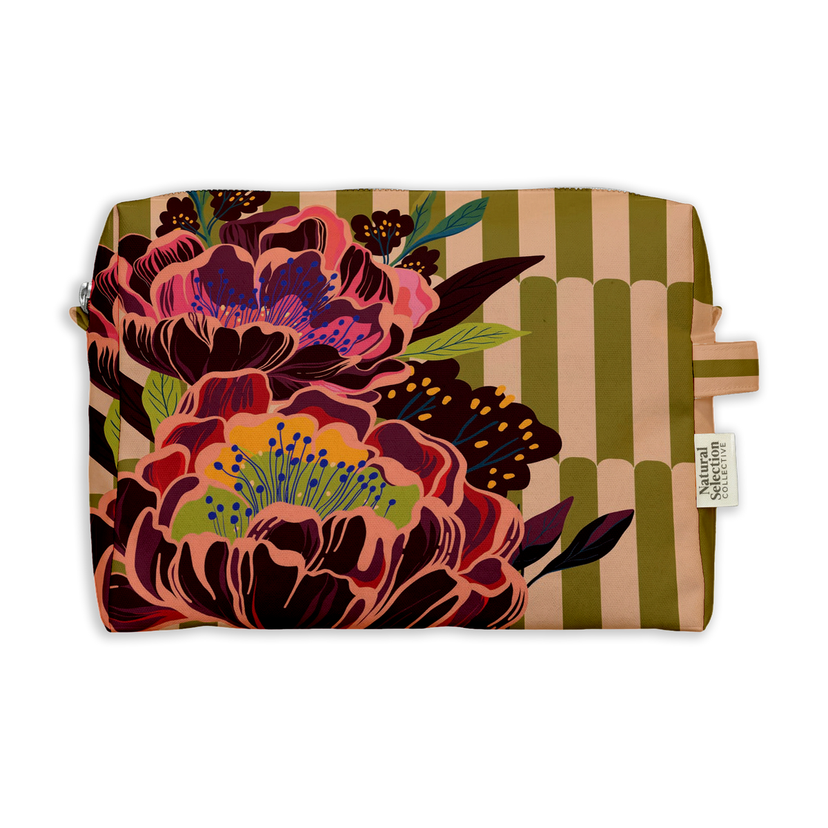 Kew Blooms Toiletry Bag featuring large pink, magenta and red blooms on olive and blush stripes