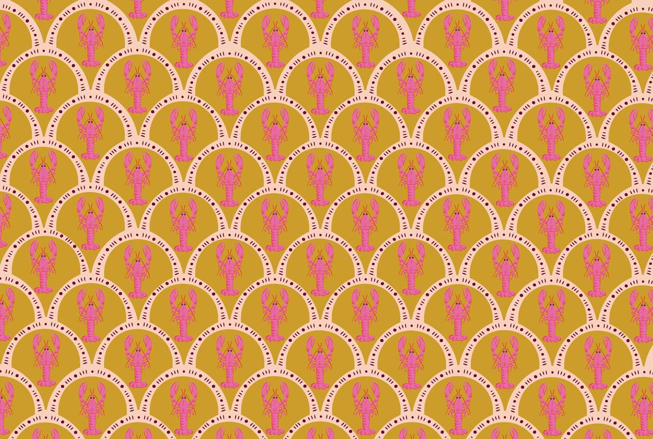 A repeating decorative pattern featuring pink lobster silhouettes inside overlapping cream scallop arches on a mustard yellow background.