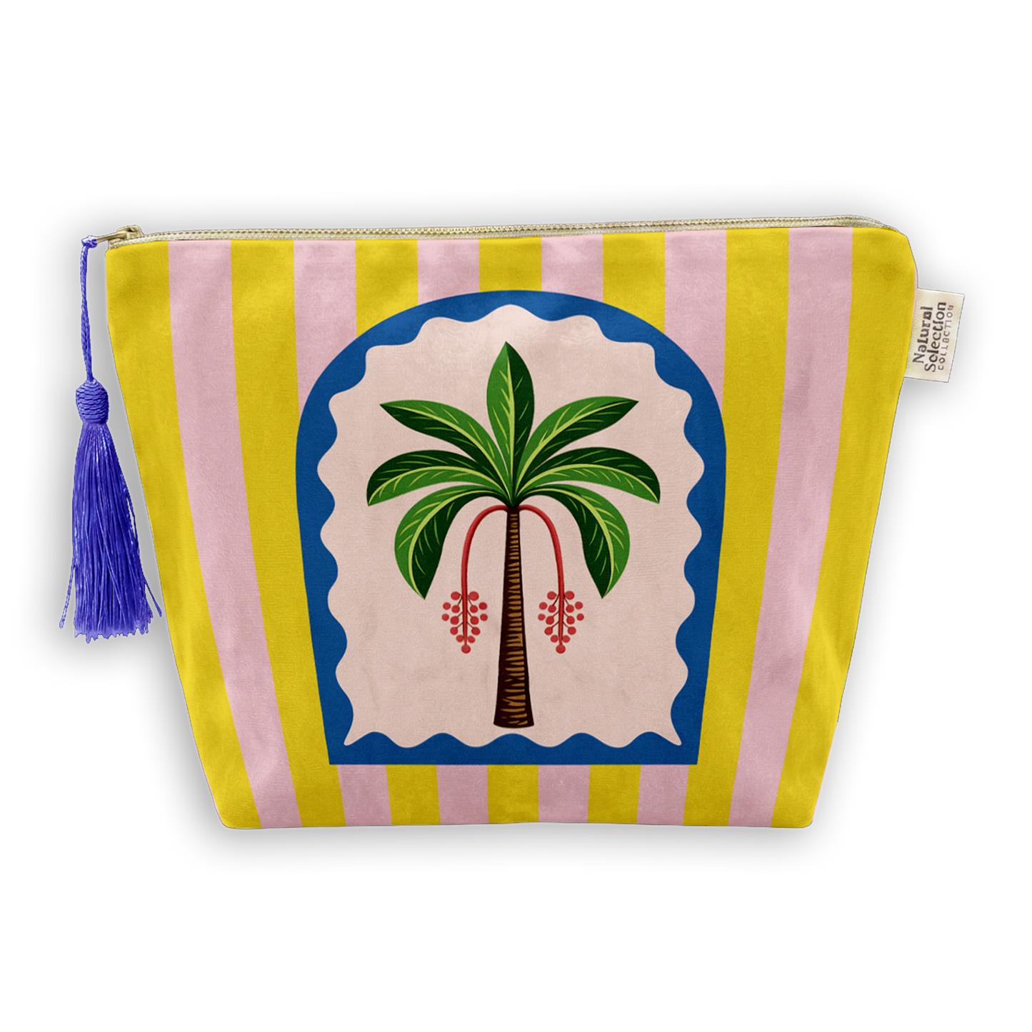 A zippered cosmetic pouch with a colorful design featuring vertical pink and yellow stripes, a central blue-bordered arch with a green palm tree and red hanging fruit, and a purple tassel on the left side.