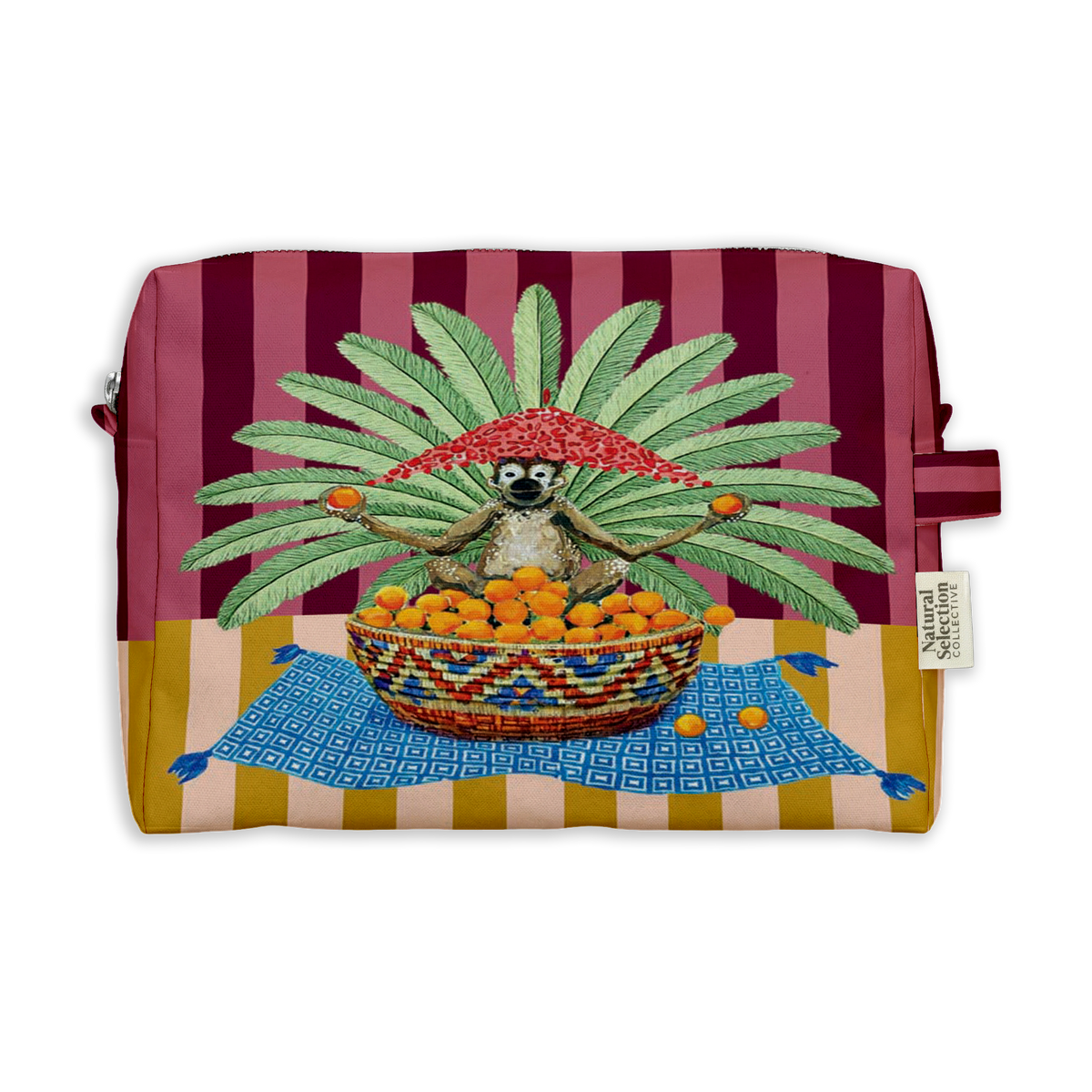 Manor Mischief Toiletry Bag featuring a lemur with a basket of oranges on pink and mustard stripes