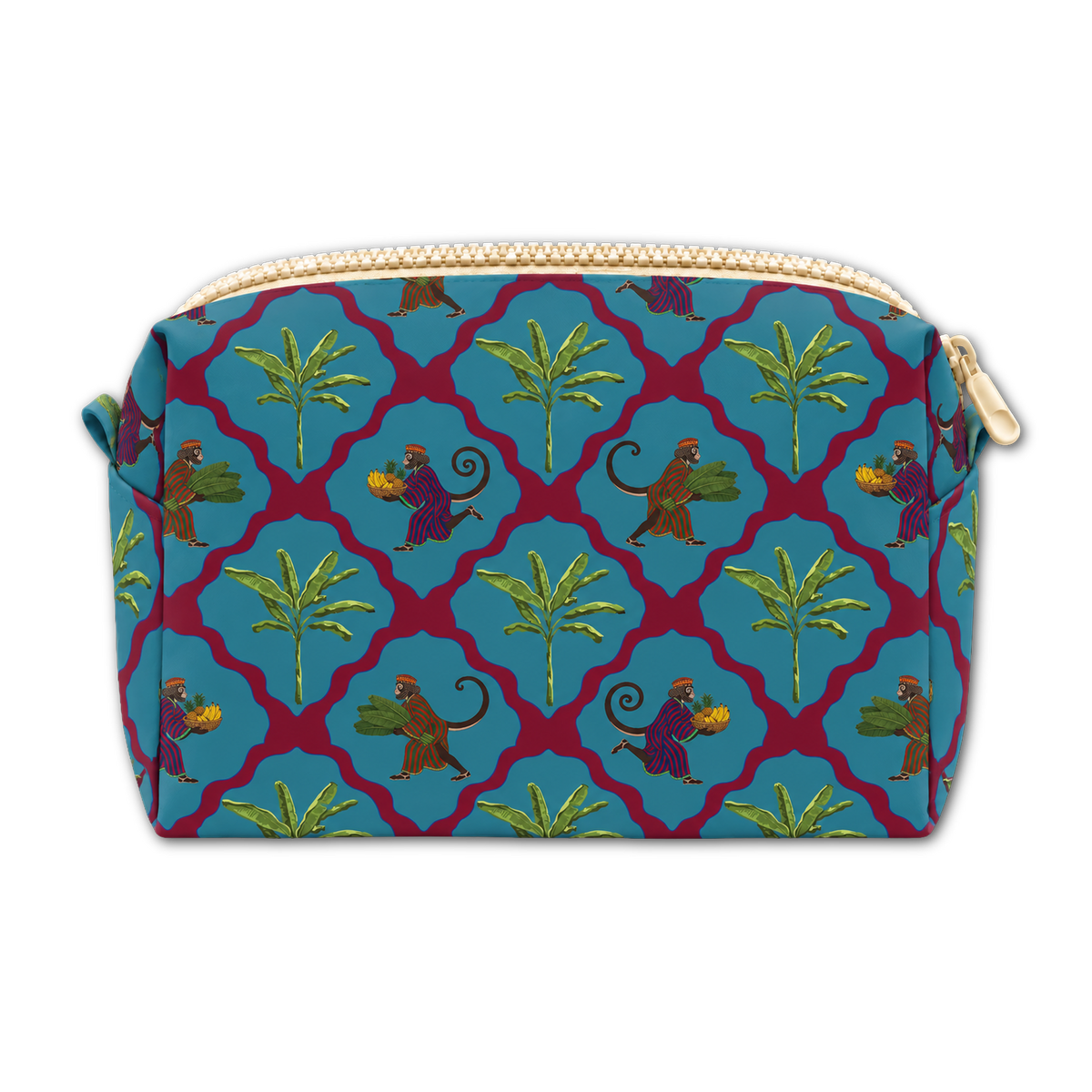 A rectangular zippered pouch with a repeating pattern of green palm trees and brown monkeys inside teal and burgundy geometric frames, shown on a plain white background.