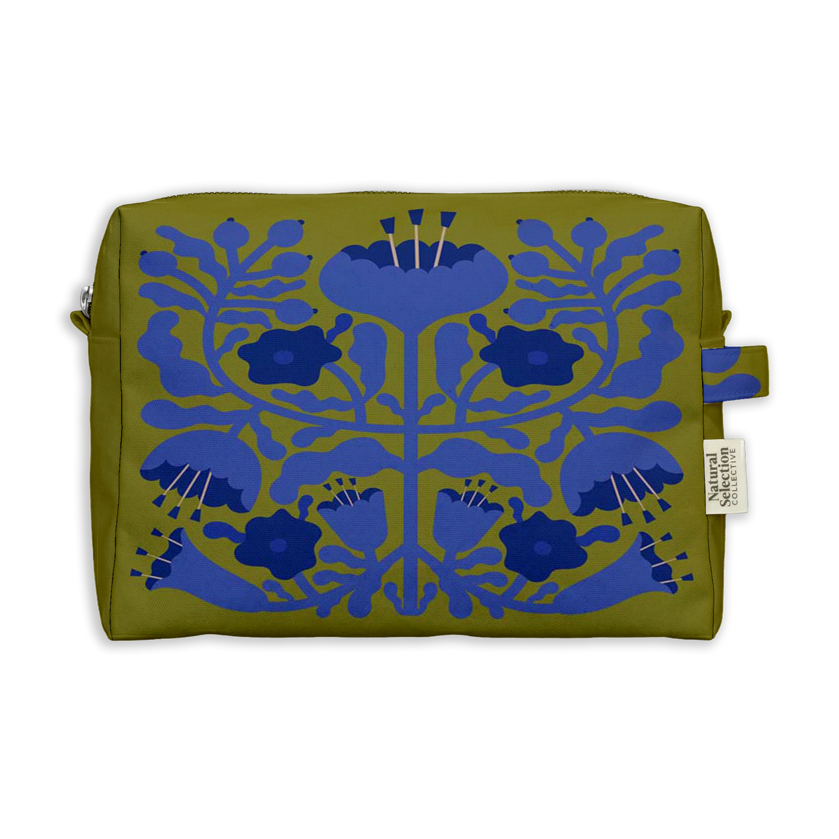 Monarch Garden Toiletry Bag featuring blue and purple flowers on olive green