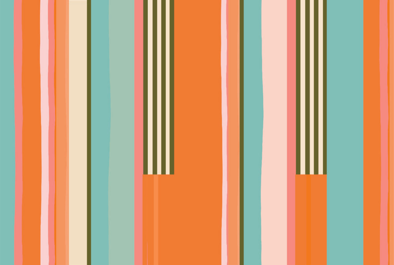 A flat abstract pattern of vertical stripes in coral orange, aqua blue, blush pink, cream, and olive green.