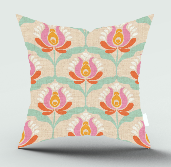 Oasis Lotus Scatter Cover featuring pink lotus flowers in mint scallops on cream