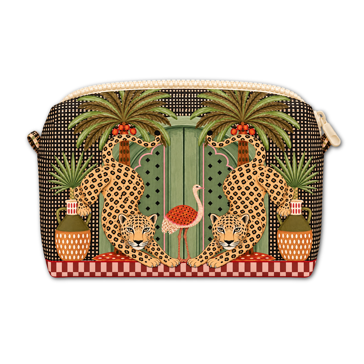 A zippered cosmetic pouch featuring a detailed tropical and jungle-themed print with two leopards, palm trees, a pink flamingo, and a red-and-white checkered base, shown on a plain white background.