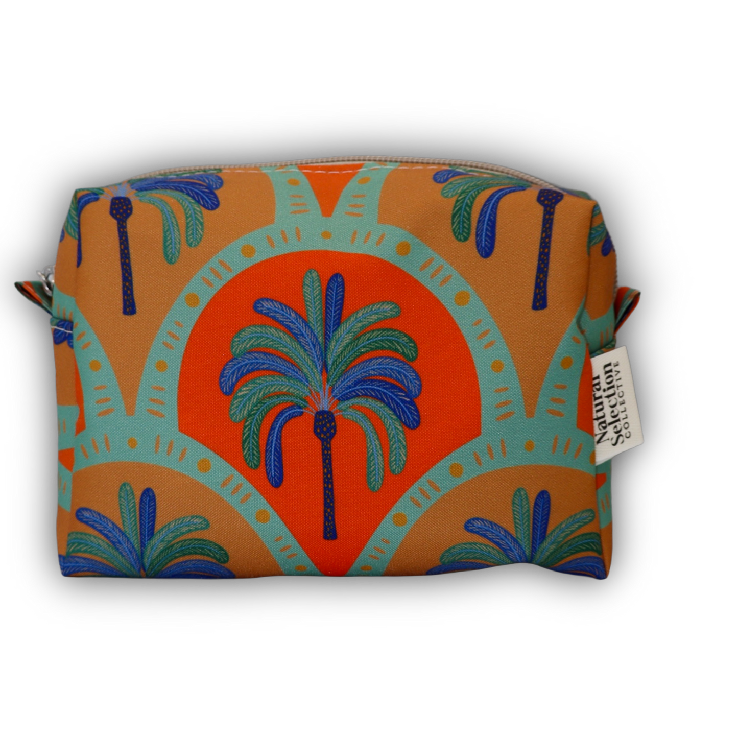 A rectangular zippered pouch featuring a retro mid-century modern design with palm trees and arches in orange, teal, blue, and green, with a white brand tag on the side.