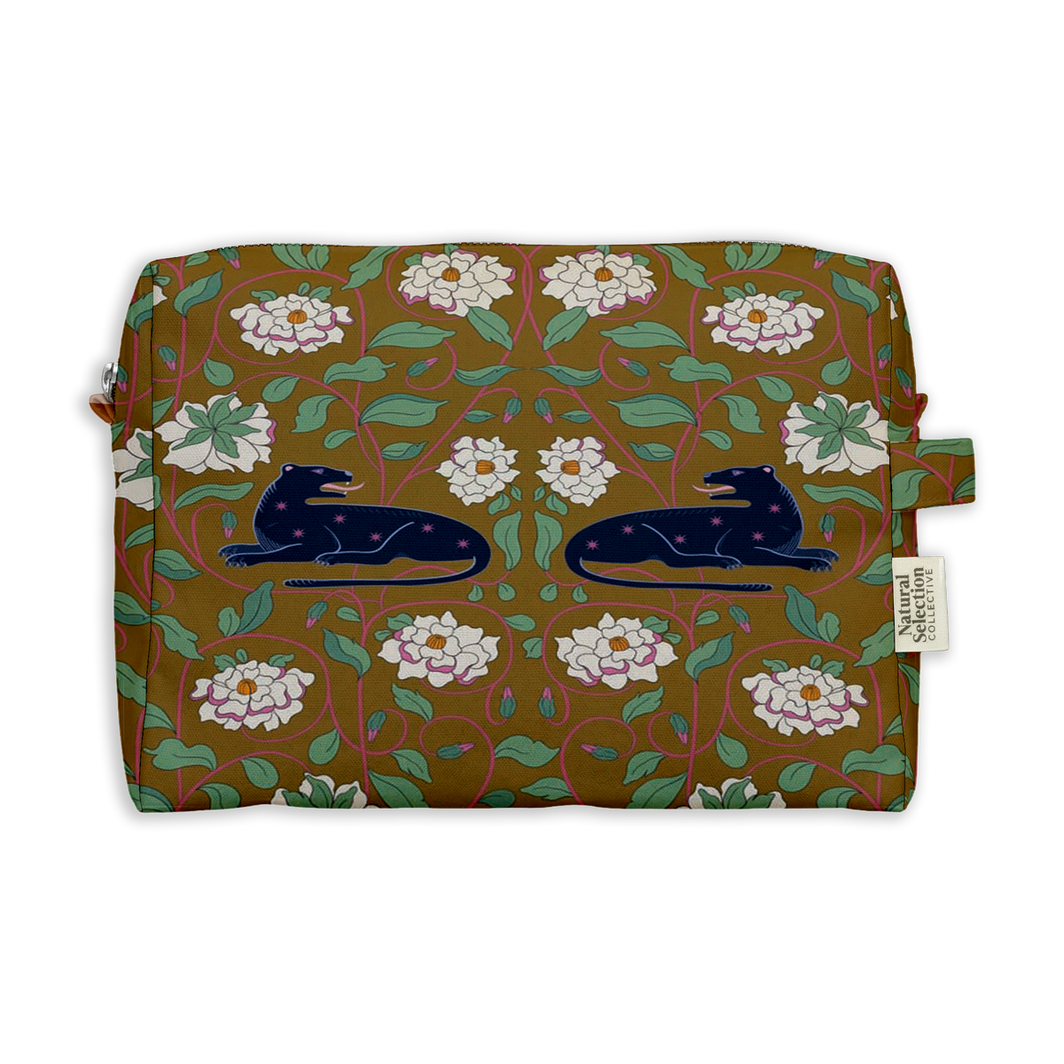 Pavilion Leos Toiletry Bag featuring two navy leopards among white flowers and leaves on ochre brown
