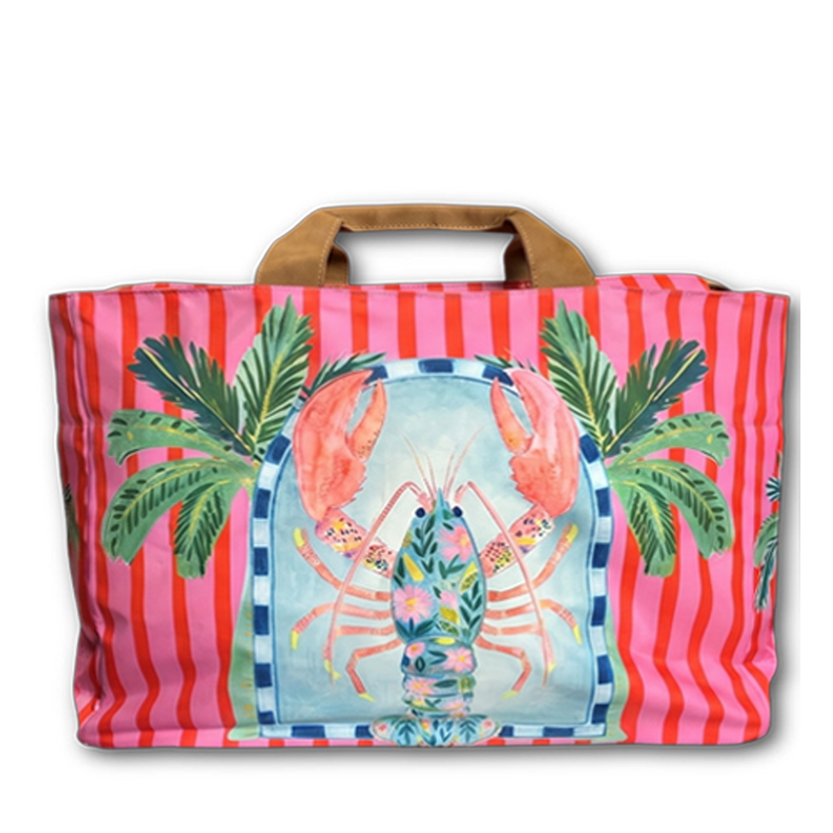 A tote bag featuring a vibrant pink and red striped background with a central illustration of a lobster in a blue arched frame, flanked by green palm leaves. The bag has brown fabric handles and is photographed against a plain white background.