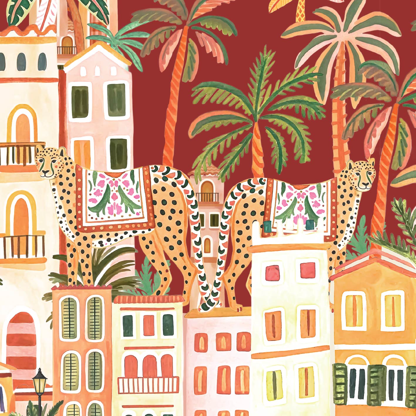 A colorful illustrated pattern featuring two spotted big cats with floral carriages, palm trees, and Mediterranean-style buildings on a deep red background.