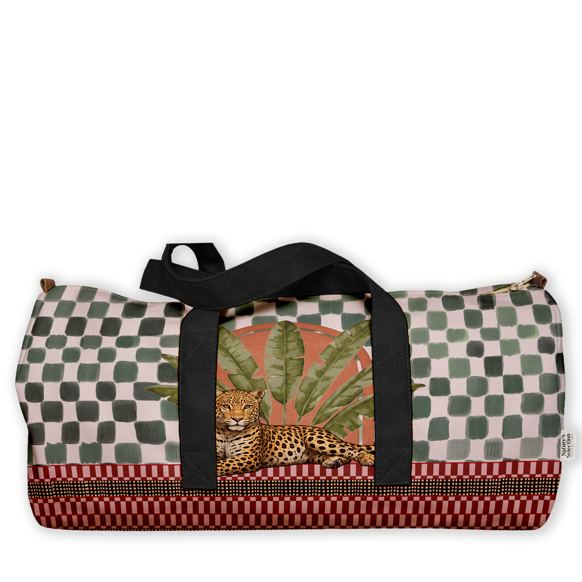 A duffle bag with a complex tropical and geometric print, featuring a cheetah, palm leaves, and a checkerboard pattern in muted green, red, and beige, with black shoulder straps, shown on a plain white background.
