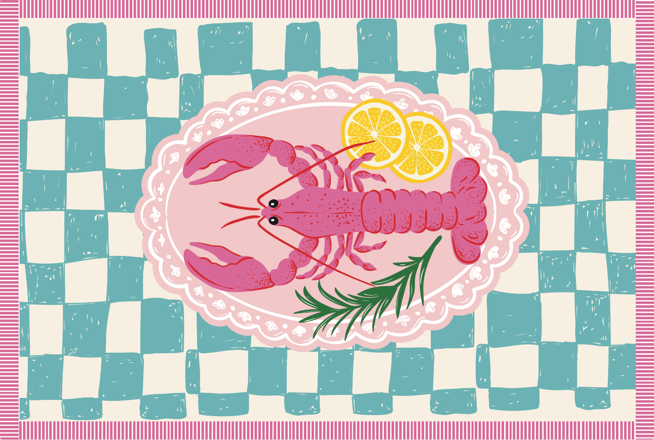 Illustration of a pink lobster with lemon slices on a checkered background