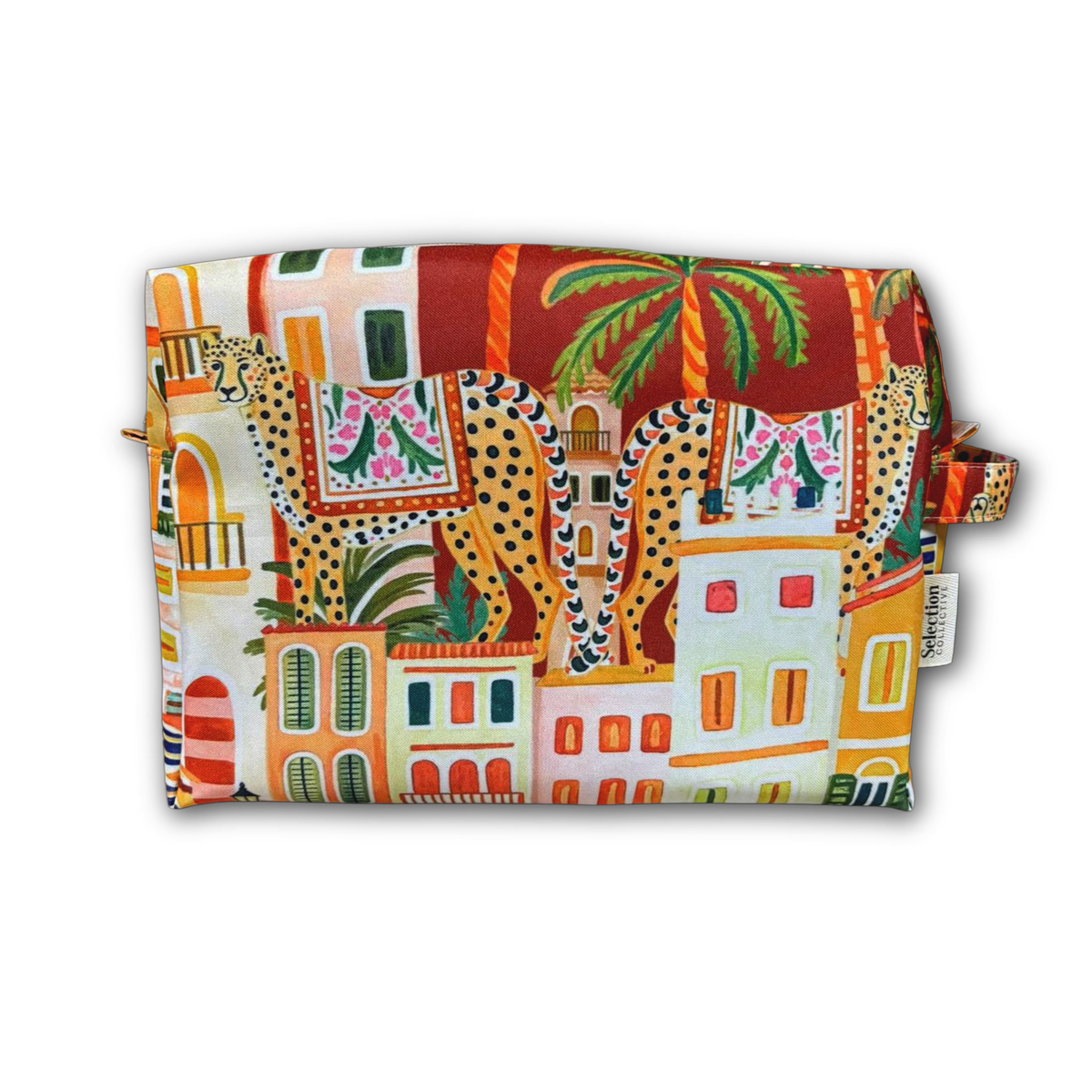 Sultan City Toiletry Bag featuring town buildings, leopards and palm trees on deep red
