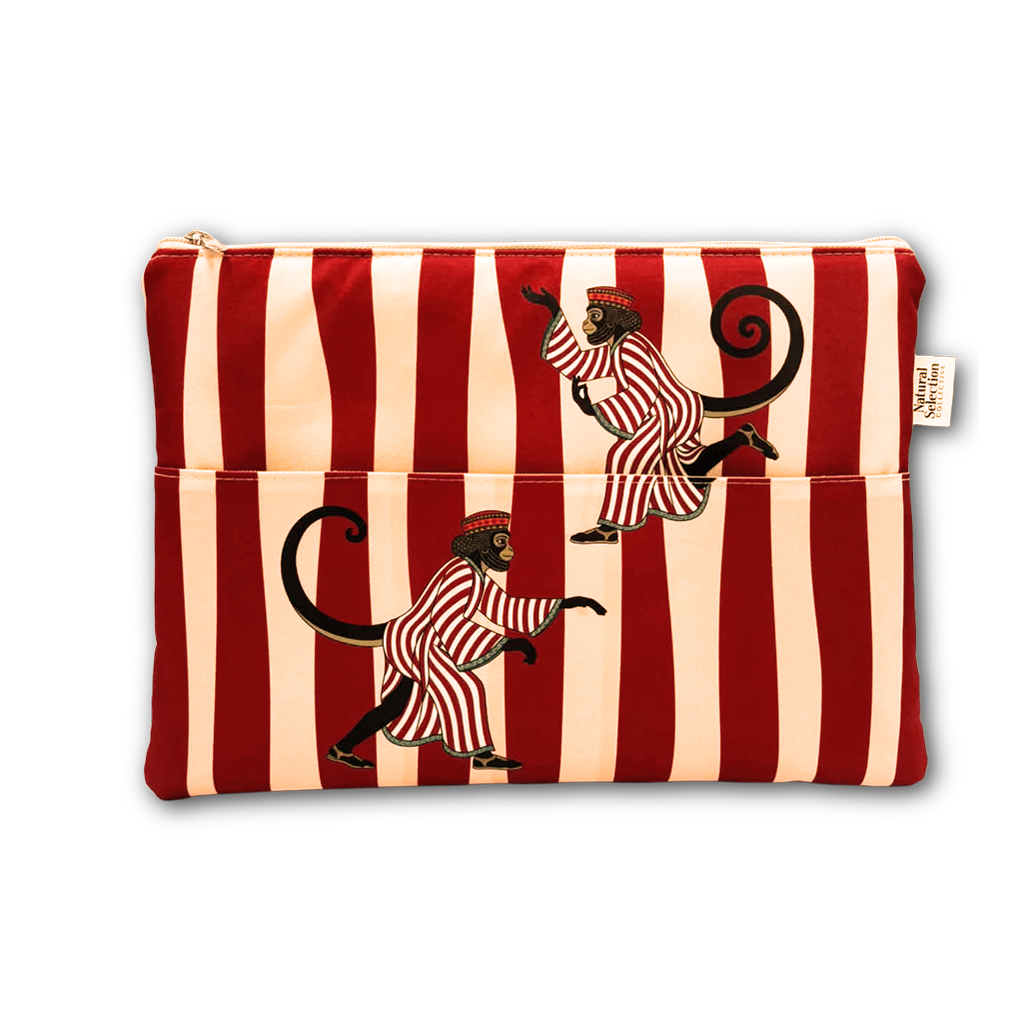 A zippered pouch featuring a red and cream vertical stripe pattern with two cartoon monkeys in matching striped outfits, shown on a plain white background.