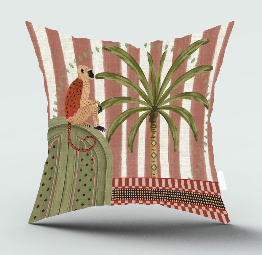 A square decorative throw pillow featuring a stylized illustration of a bird perched on a green pedestal next to a palm tree, set against a background of vertical pink and cream stripes.