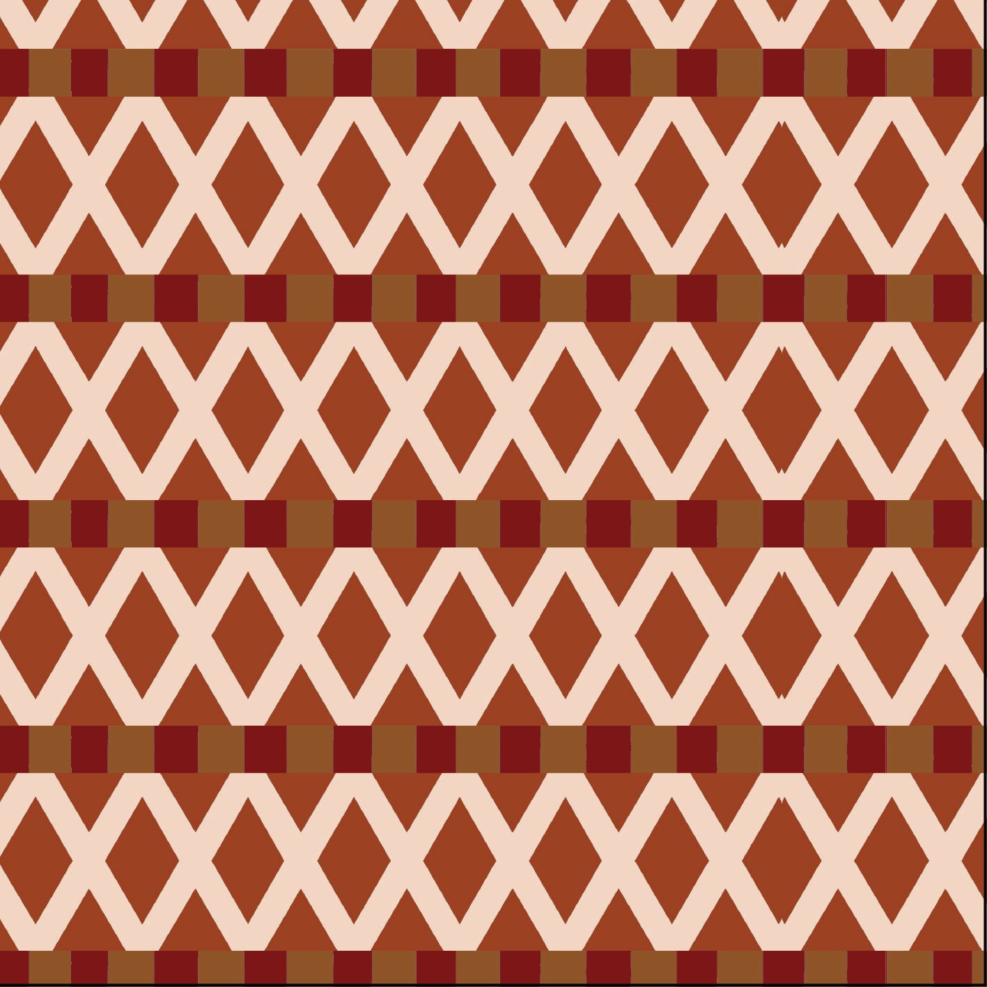 A repeating geometric pattern featuring horizontal bands of alternating red-orange and light pink diamonds, with brown and dark red square accents between the bands.