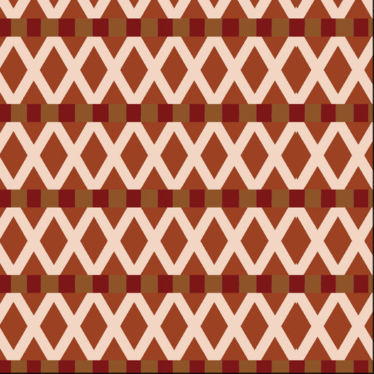 A repeating geometric pattern featuring horizontal bands of alternating red-orange and light pink diamonds, with brown and dark red square accents between the bands.