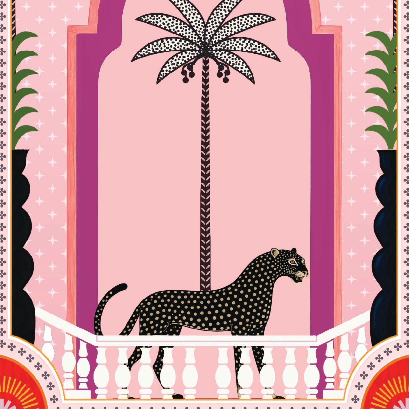 A stylized illustrated scene with a spotted black leopard walking along a white balcony in front of a pink and purple arch, with a palm tree and decorative border elements.