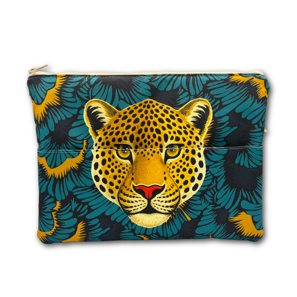 A zippered pouch featuring a graphic print of a leopard's face over a teal and mustard tropical leaf pattern, shown on a plain white background.