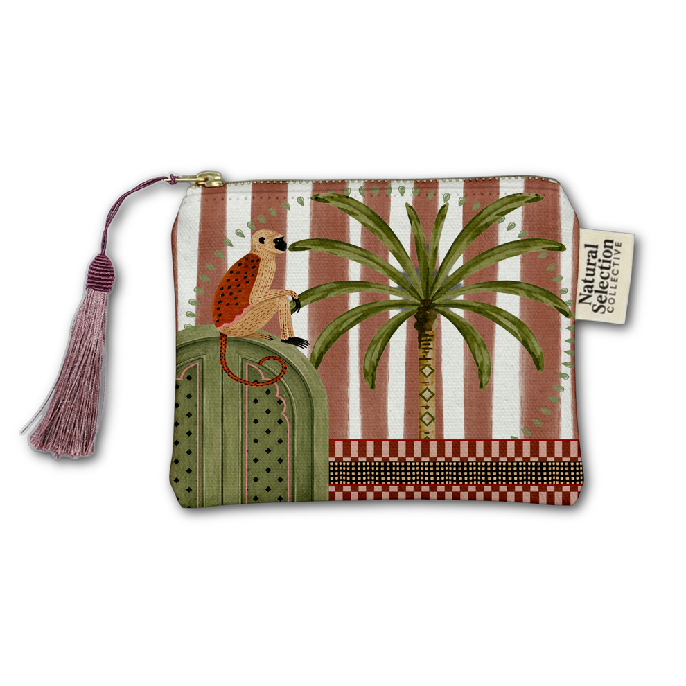 A square fabric zip pouch with a tassel zipper pull, featuring a vintage-style illustration of a bird perched on a cactus next to a palm tree. The background of the pouch has vertical stripes in terracotta and white, with green and brown decorative bands at the bottom.