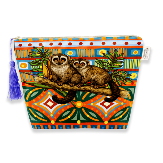 A square zippered pouch with a colorful printed design of two ring-leaved rats on a branch, featuring a geometric pattern border and a purple tassel zipper pull, shown on a white background.