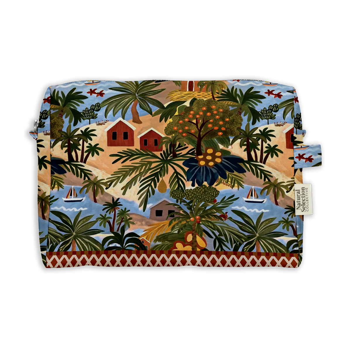 Amazon Jungle Toiletry Bag featuring a jungle village with palm trees, houses and fruit trees