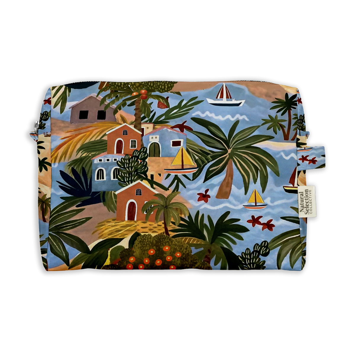 Amazon River Toiletry Bag featuring a riverside village with palm trees and sailboats on blue water