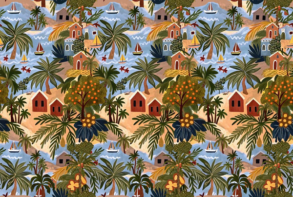 A repeating tropical beach pattern featuring palm trees, small houses, sailboats, sandy shorelines, and blue water in a vintage-style illustration.