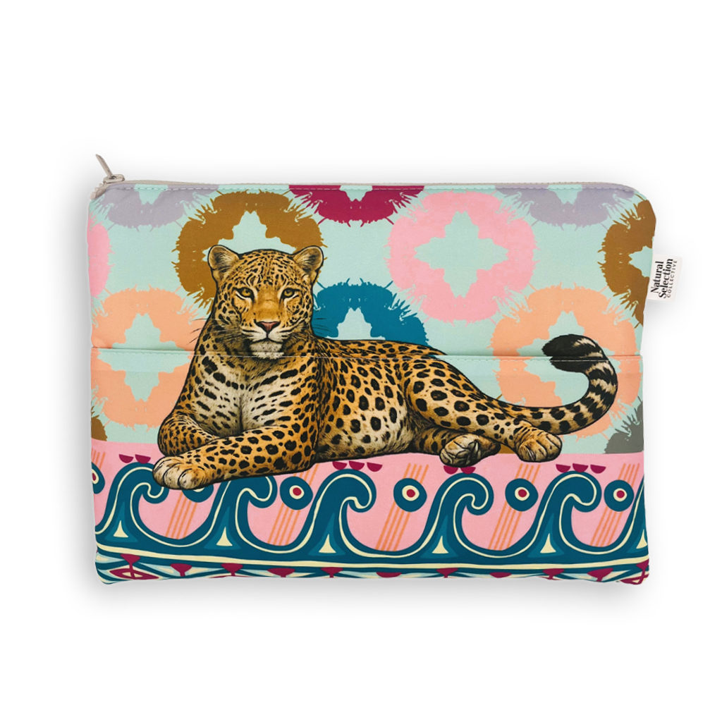 A zippered pouch featuring a colorful bohemian-style print with a central illustration of a leopard lying down. The background pattern includes pink, teal, orange, and purple geometric shapes, with a decorative teal and pink wave border at the bottom.