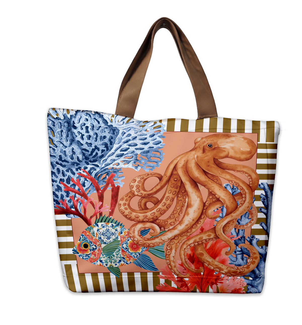 Astoria Organiser Bag featuring an orange octopus with coral in pink, blue and gold panels