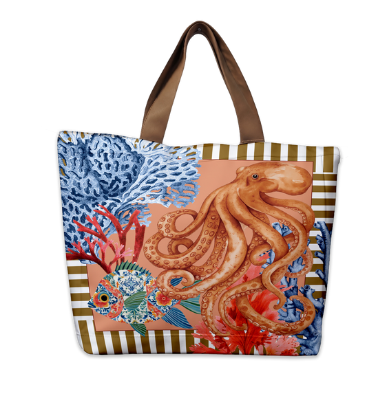 Astoria Organiser Bag featuring an orange octopus with coral in pink, blue and gold panels