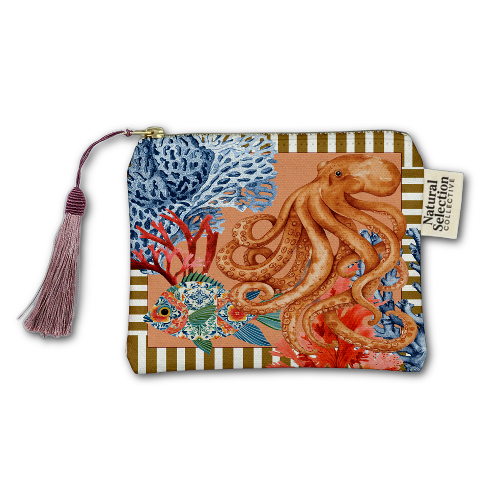 A rectangular zip pouch with a tassel zipper pull, featuring a colorful underwater print with an octopus, fish, coral, and striped borders. A fabric tag on the right reads 'Natural Selection Co.