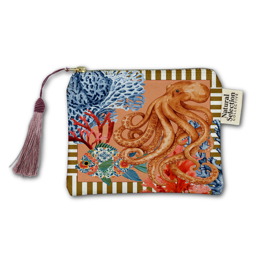 A rectangular zip pouch with a tassel zipper pull, featuring a colorful underwater print with an octopus, fish, coral, and striped borders. A fabric tag on the right reads 'Natural Selection Co.