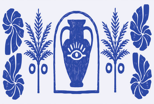 Blue line-art illustration featuring a central classical urn with an eye motif, flanked by palm-like plants and tropical leaves on a pale background.