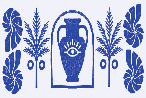 Blue line-art illustration featuring a central classical urn with an eye motif, flanked by palm-like plants and tropical leaves on a pale background.