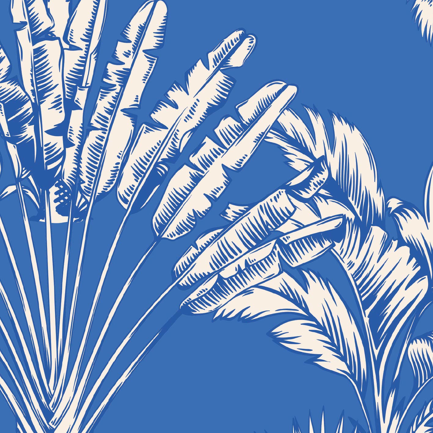 A repeating tropical leaf pattern in white on a medium blue background, featuring banana and palm-like leaves.