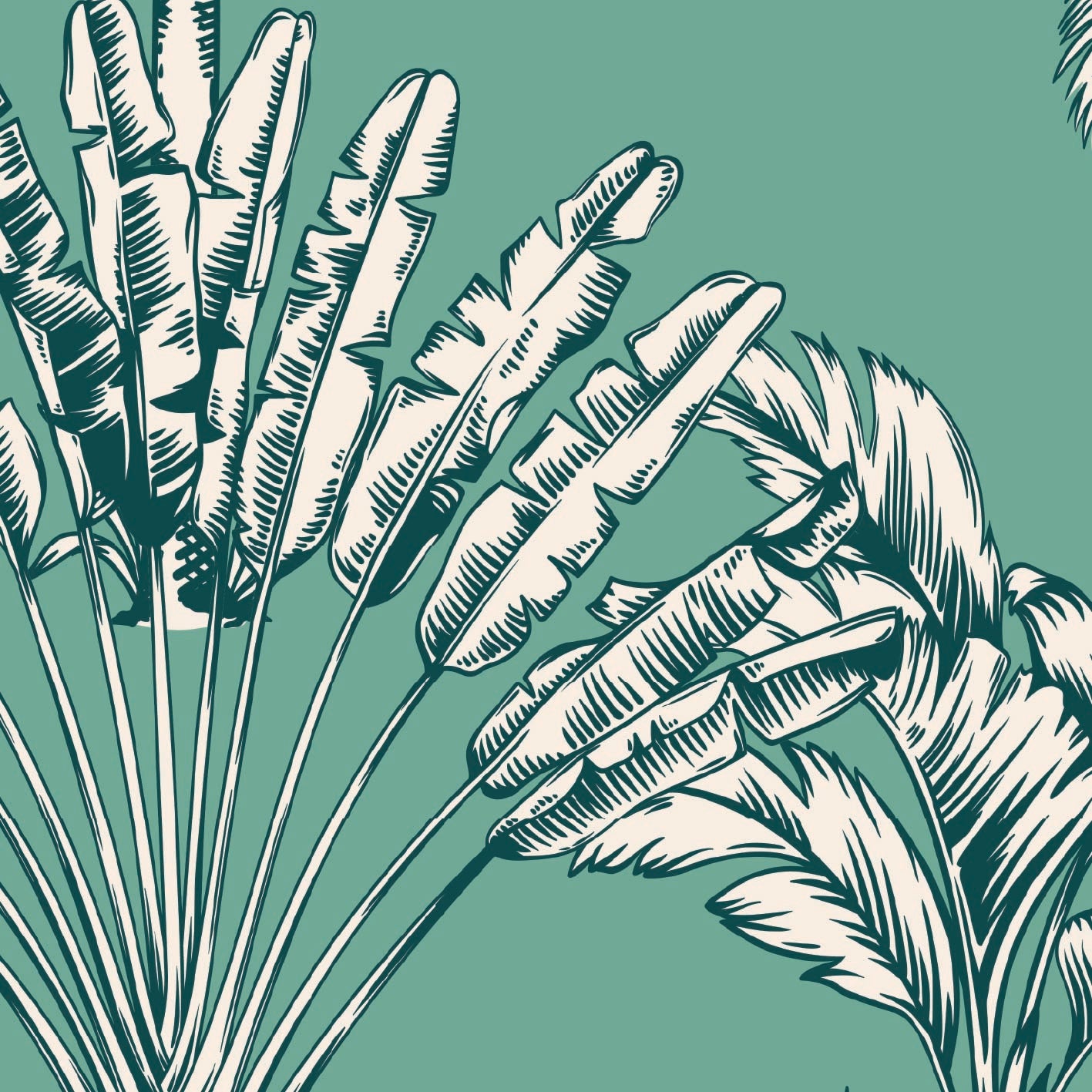 A repeating tropical pattern featuring white illustrated banana leaves with dark green stems and outlines on a solid mint green background.