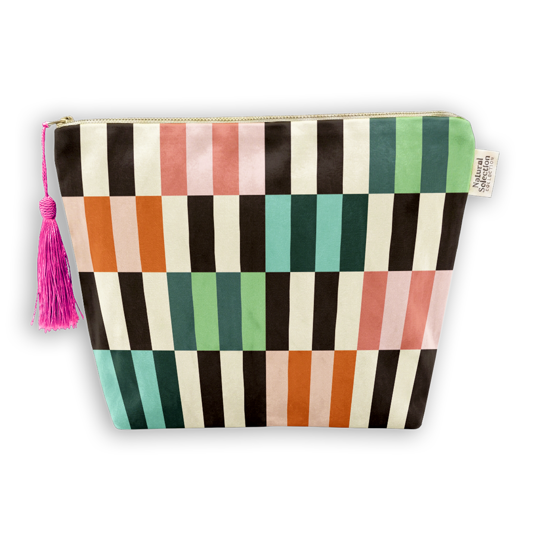 A rectangular zippered pouch with a colorful geometric stripe pattern in pink, orange, teal, green, black, and cream, featuring a bright pink tassel on the left side.