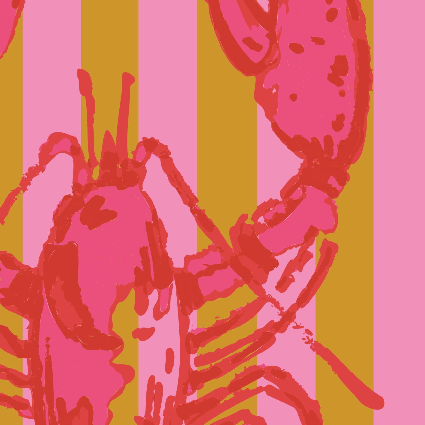 A close-up of a lobster illustration in bright pink and red over vertical pink and mustard-yellow stripes.