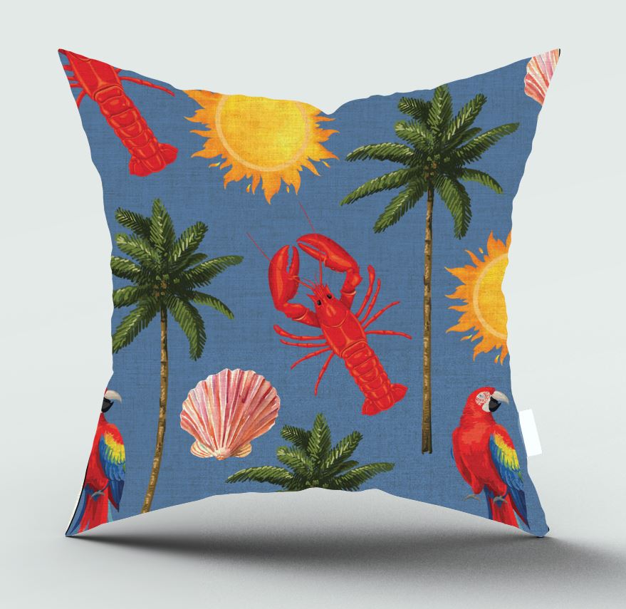 A square throw pillow featuring a tropical print with red lobsters, green palm trees, yellow suns, pink shells, and colorful parrots on a dusty blue background.