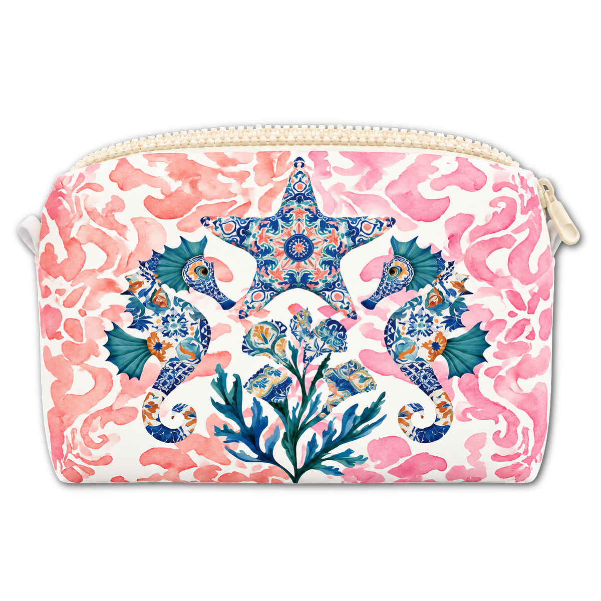 A rectangular zipper pouch featuring a pattern of two seahorses, a starfish, and floral elements against a pink watercolor background.