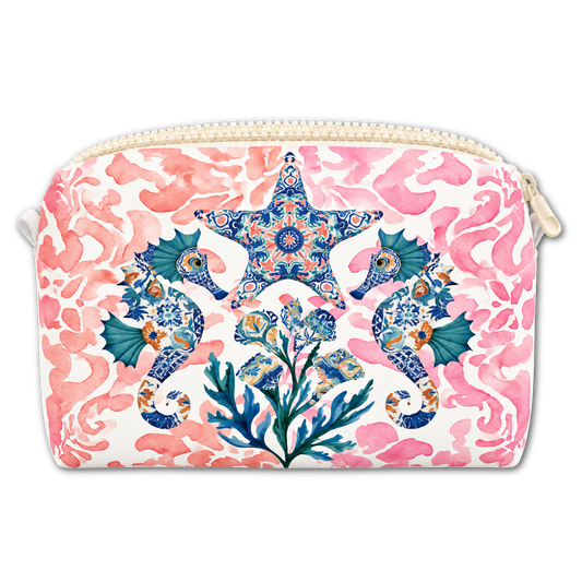 A rectangular zipper pouch featuring a pattern of two seahorses, a starfish, and floral elements against a pink watercolor background.